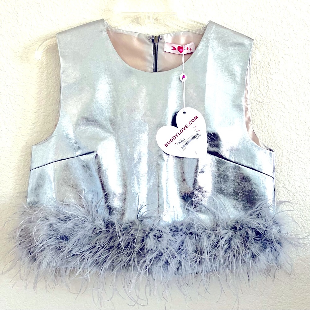 NWT Buddy Love Silver Metallic Queenie Feather Top